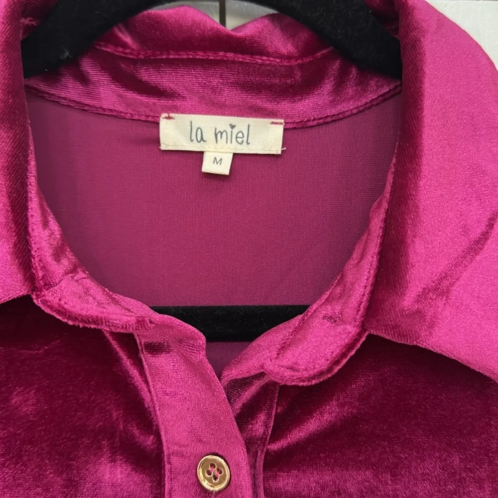 Pinkblush Magenta Velvet Button Down Maternity Dress - Picture 3 of 5